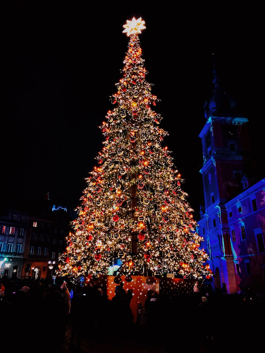 people walking on street near christmas tree with string lights during night time